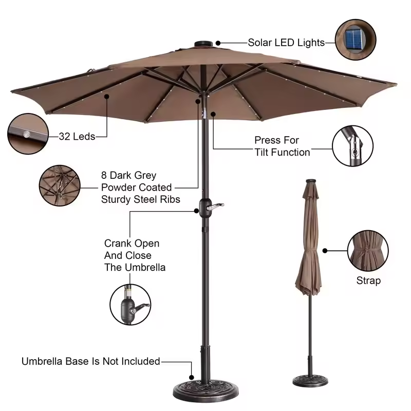 2.7m 3m Outdoor Patio Garden Market Umbrella With Solar LED Lights Outdoor Shades Umbrella Table Umbrella 8 Ribs