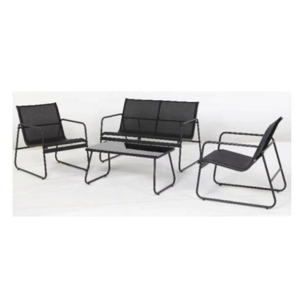 cheap outdoor patio textylene mesh fabric 4 pieces conversation steel frame KD sofa set with black table