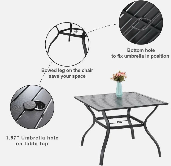 5 Piece Outdoor Patio Dining Set Black Metal Garden Furniture Set with 4 Stackable Chairs Dining Table With Umbrella Hole