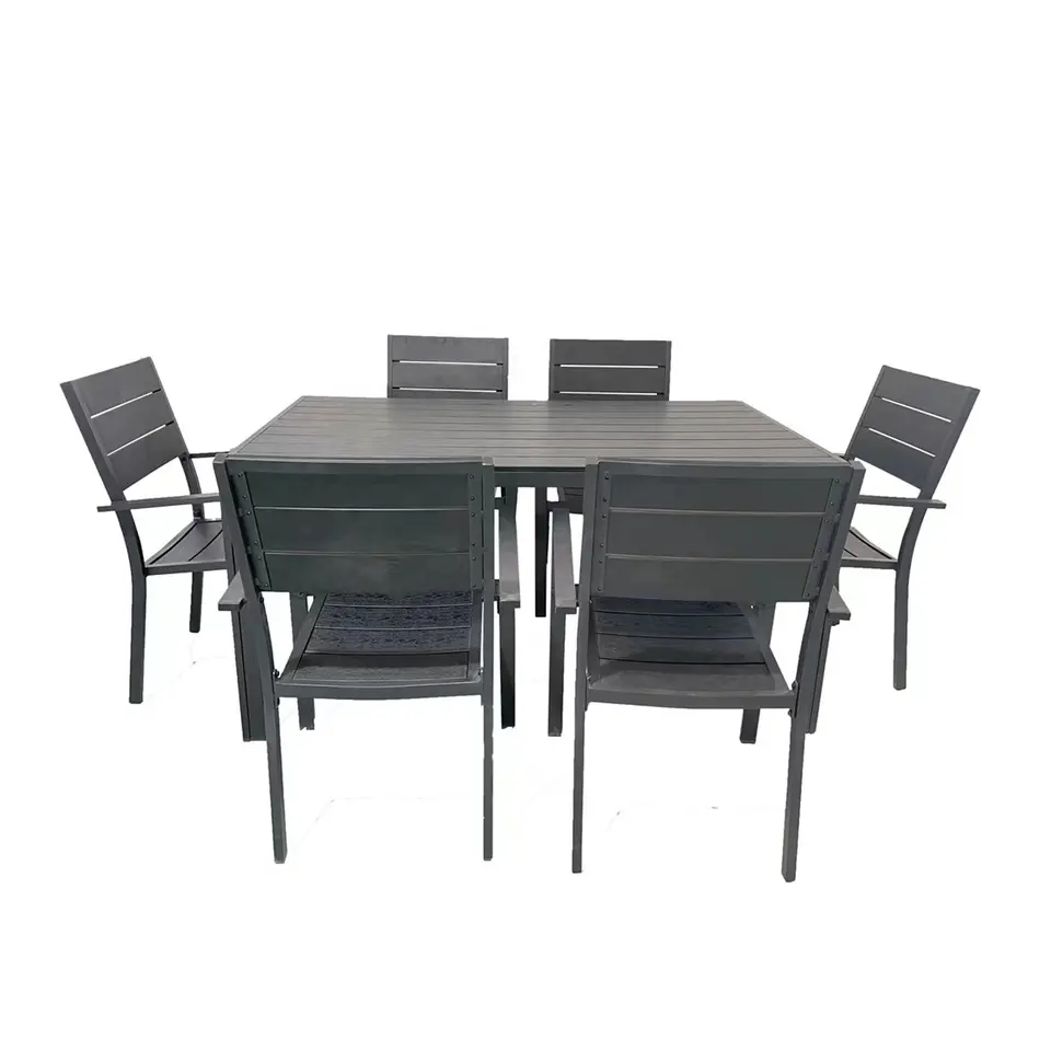 7pcs Dining Set with Plastic Wood Aluminum Black Outdoor Cafe Restaurant Garden  Patio Outdoor Furniture Extend Dining Set