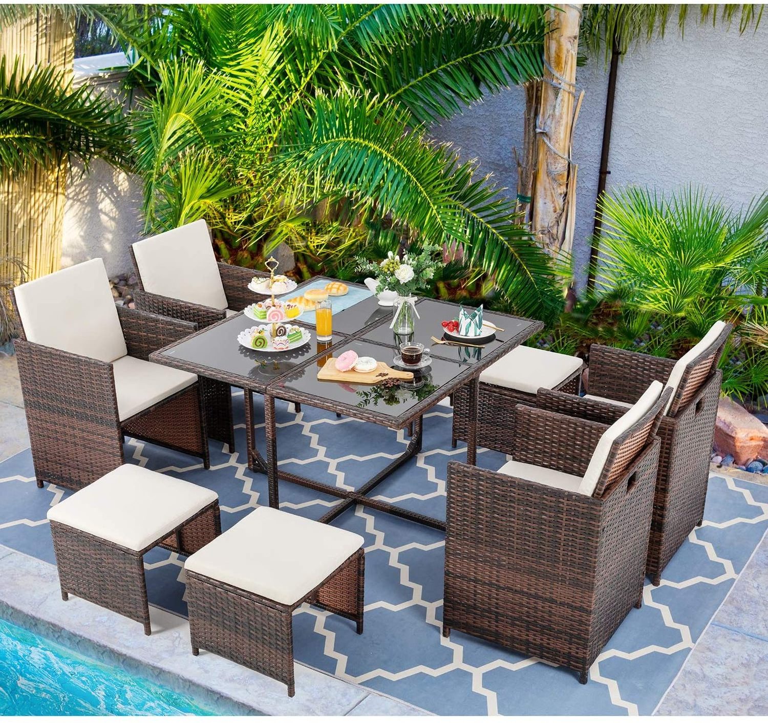 9 pcs Rattan Dinning Set with Footrest Stool wicker garden set patio out door furniture