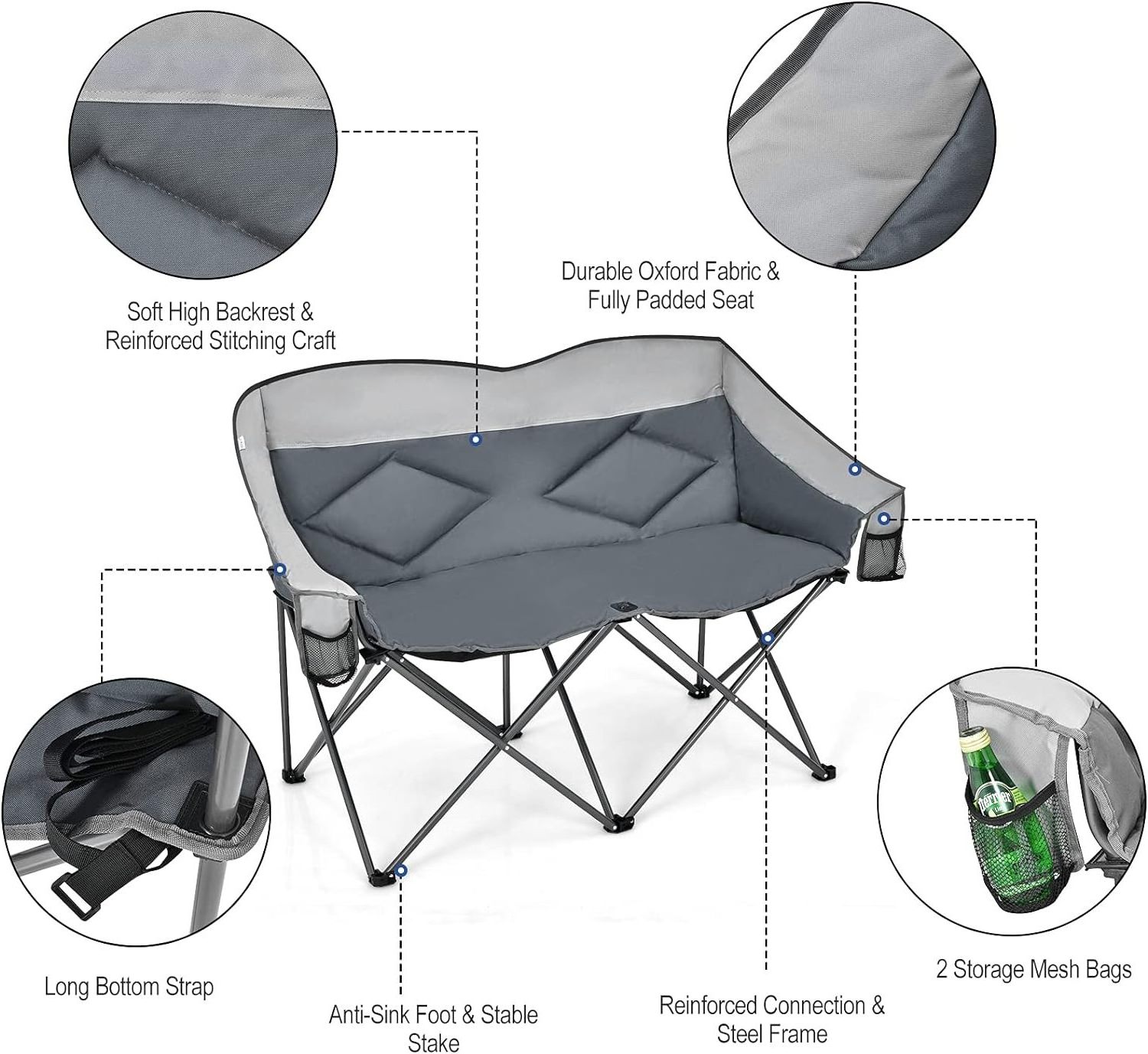 Loveseat Camping Chair, Double Foldable Chair for Adults Couples w/Storage Bags & Padded High Backrest,portable folding chair