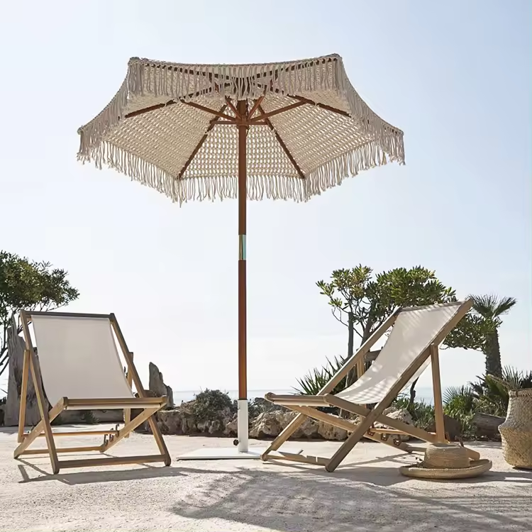 New Design Customized Shandmade Tassel Beach Umbrella Woven Canopy Parasols With Macrame Fringe Wooden Beach Umbrella