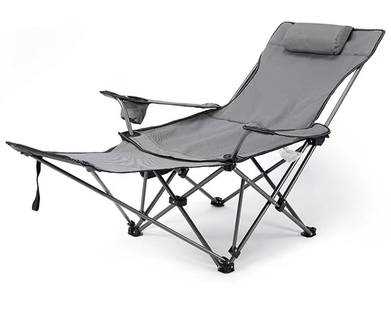 Outdoor Folding Beach Chair Recliner Grey With Footrest Nap Chair Breathable Portable