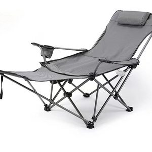 Outdoor Folding Beach Chair Recliner Grey With Footrest Nap Chair Breathable Portable