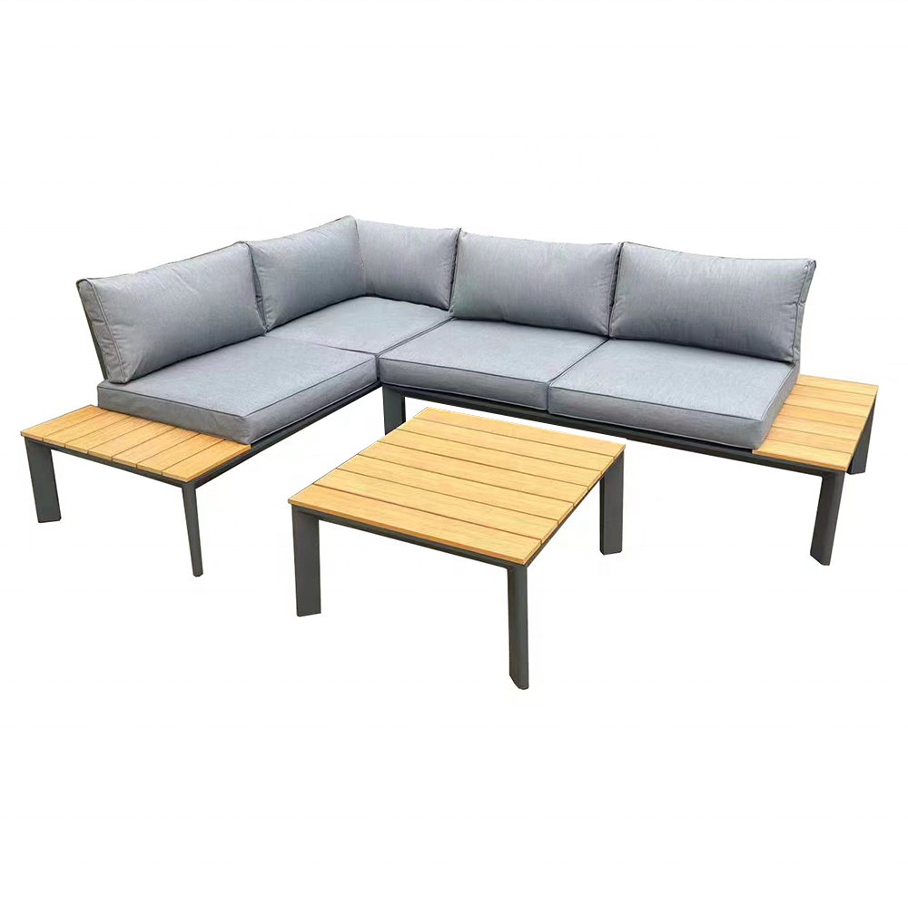 luxury garden furniture metal frame aluminum composite poly wood sectional lounge corner sofa set for outdoor