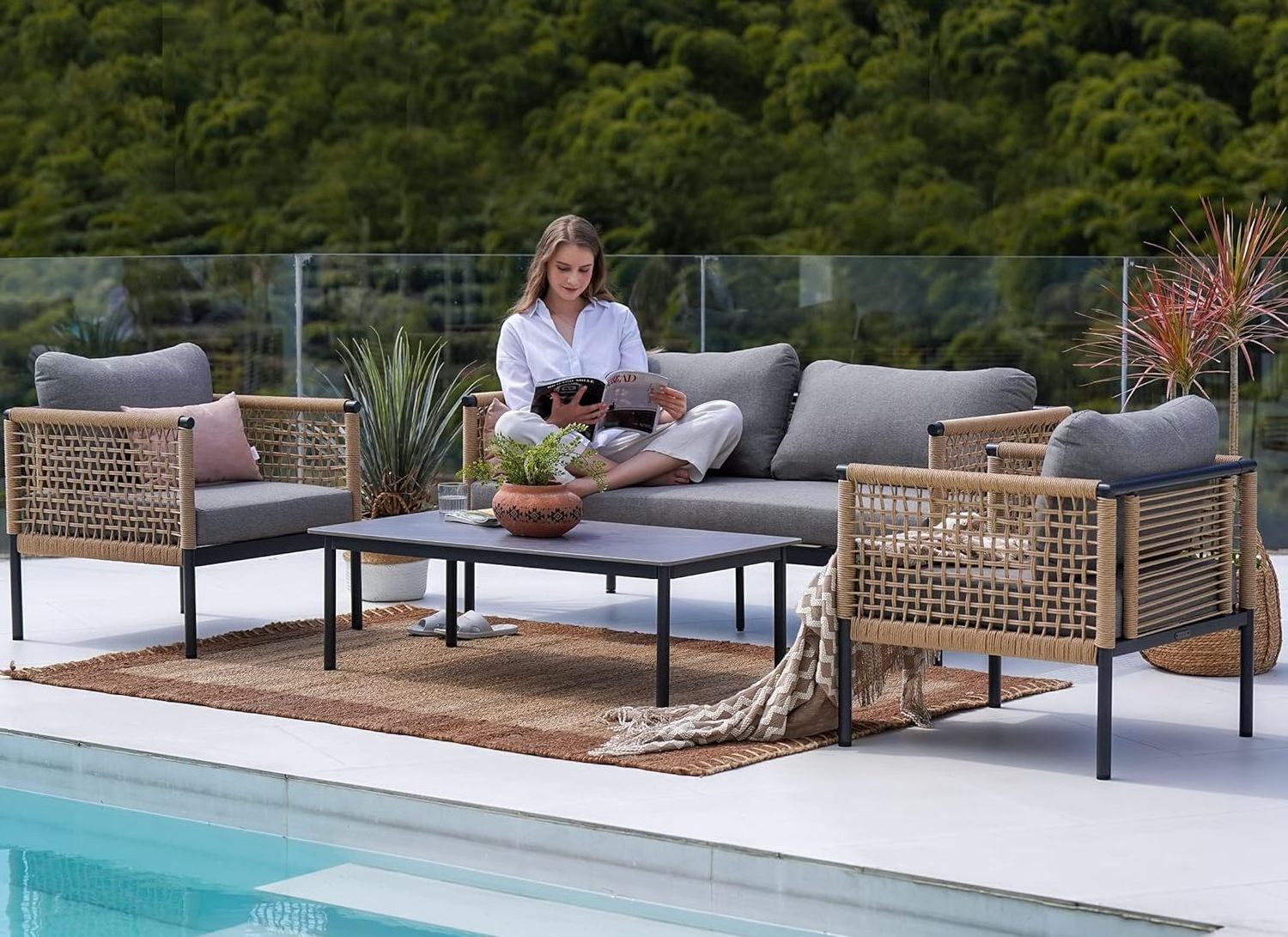 YONGLI FB -Outdoor 4-Pcs Conversation Set All-Weather Aluminum Furniture Set Open-Weave Resin Wicker Olefin Modern Sofa Seating