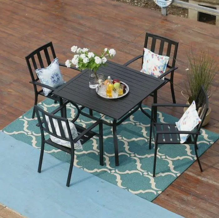 5 Piece Outdoor Patio Dining Set Black Metal Garden Furniture Set with 4 Stackable Chairs Dining Table With Umbrella Hole