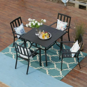 5 Piece Outdoor Patio Dining Set Black Metal Garden Furniture Set with 4 Stackable Chairs Dining Table With Umbrella Hole