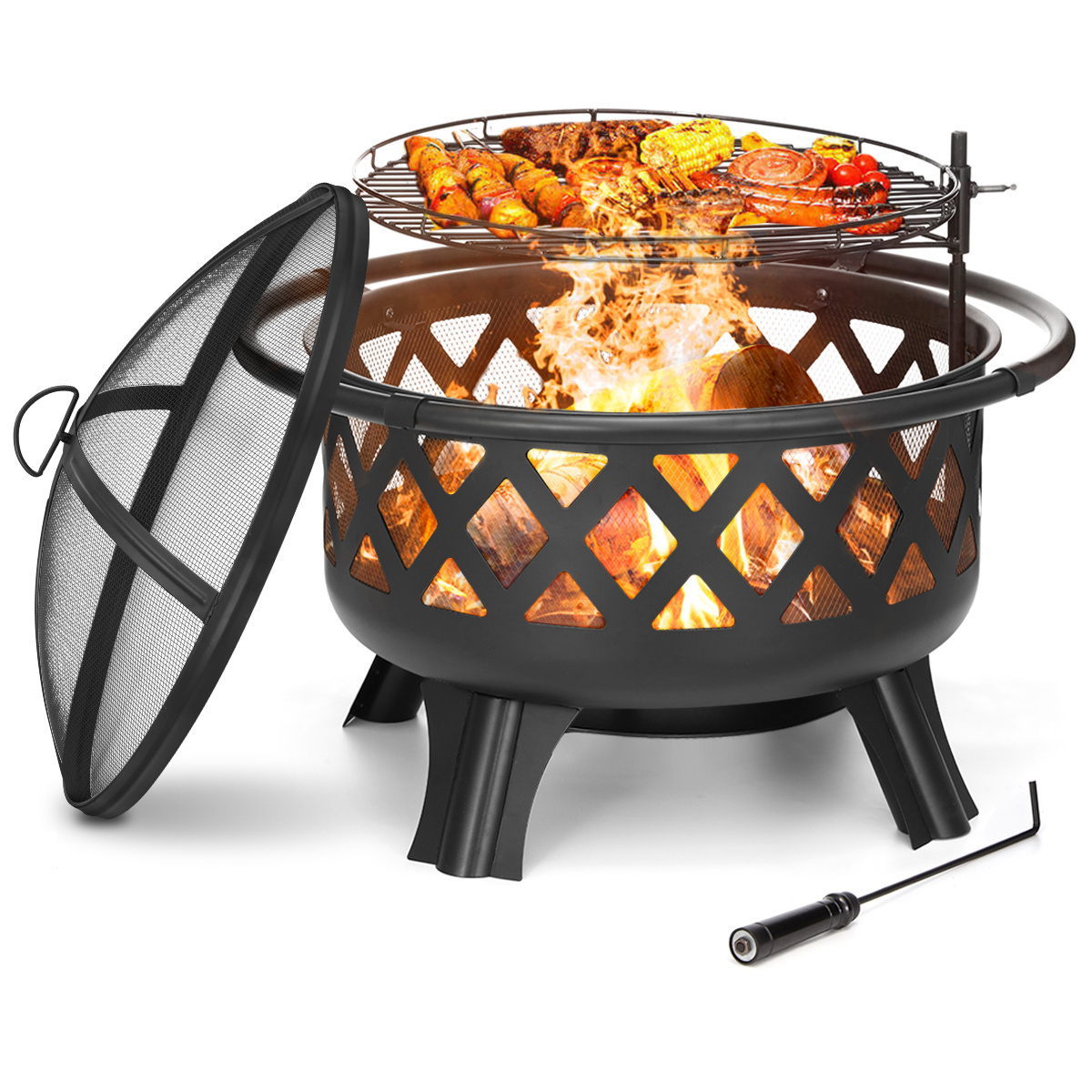 Steel Large Round Wood Burning Patio Heater Backyard Garden Fire Pit With Cooking Grate Metal Tile Table Top