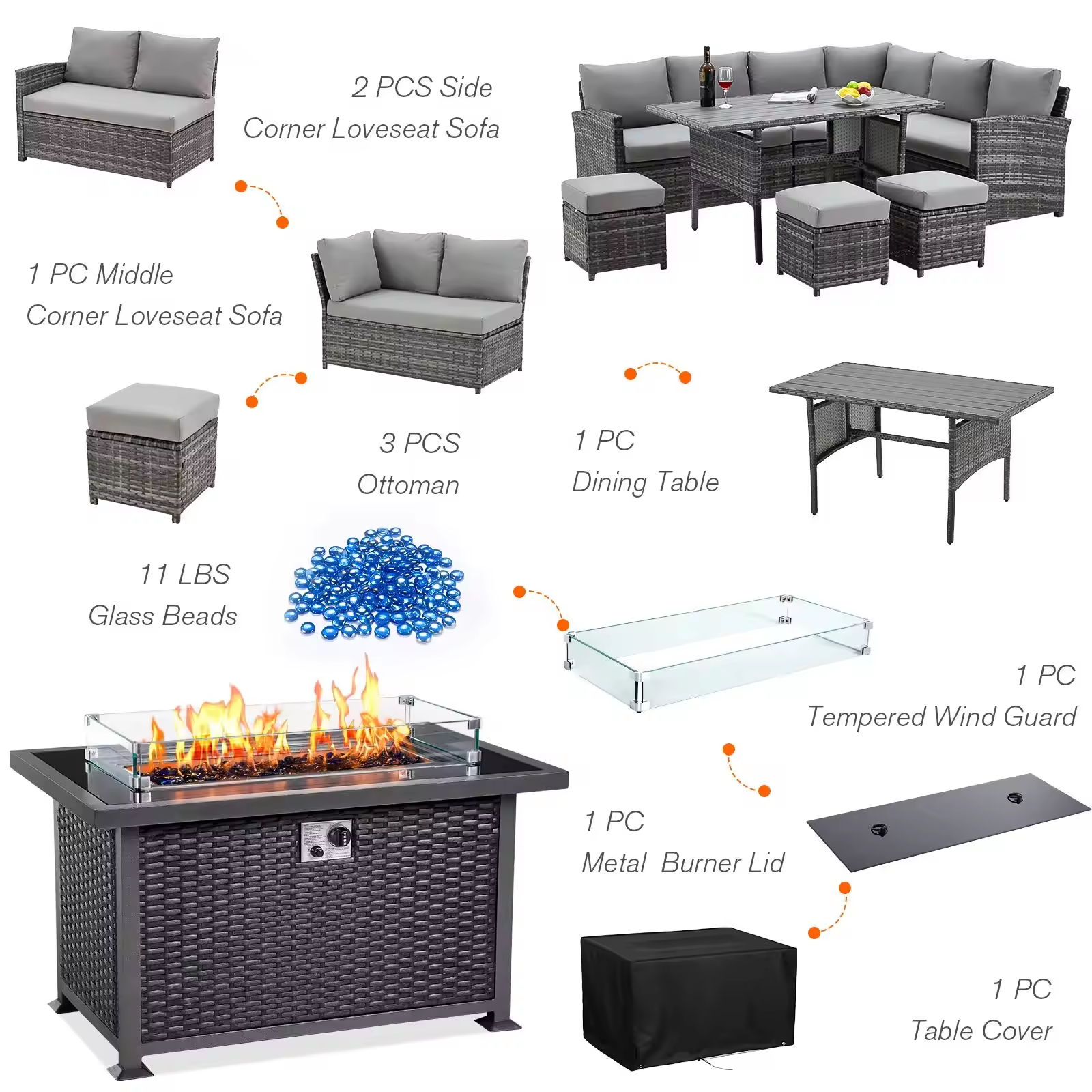 Hot sales Corner shape conversation balcony Outdoor garden sofa Rattan Patio bistro PE Wicker Furniture set With Fire Pit Table