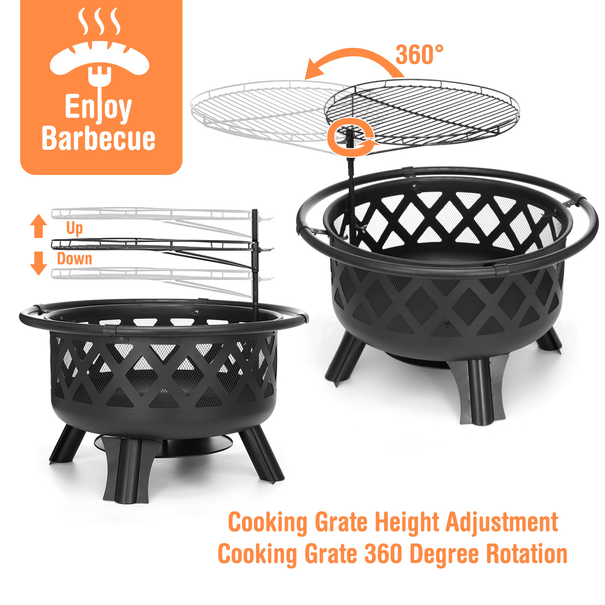 Steel Large Round Wood Burning Patio Heater Backyard Garden Fire Pit With Cooking Grate Metal Tile Table Top