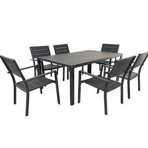 7pcs Dining Set with Plastic Wood Aluminum Black Outdoor Cafe Restaurant Garden  Patio Outdoor Furniture Extend Dining Set