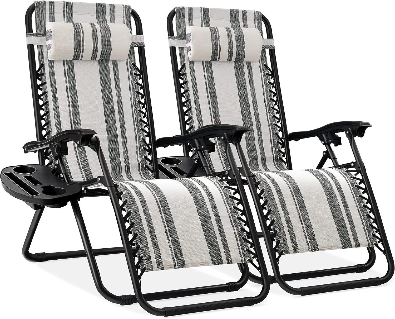 Best Choice Products Set of 2 Adjustable Steel Mesh Zero Gravity Lounge Chair Recliners w/Pillows and Cup Holder Trays