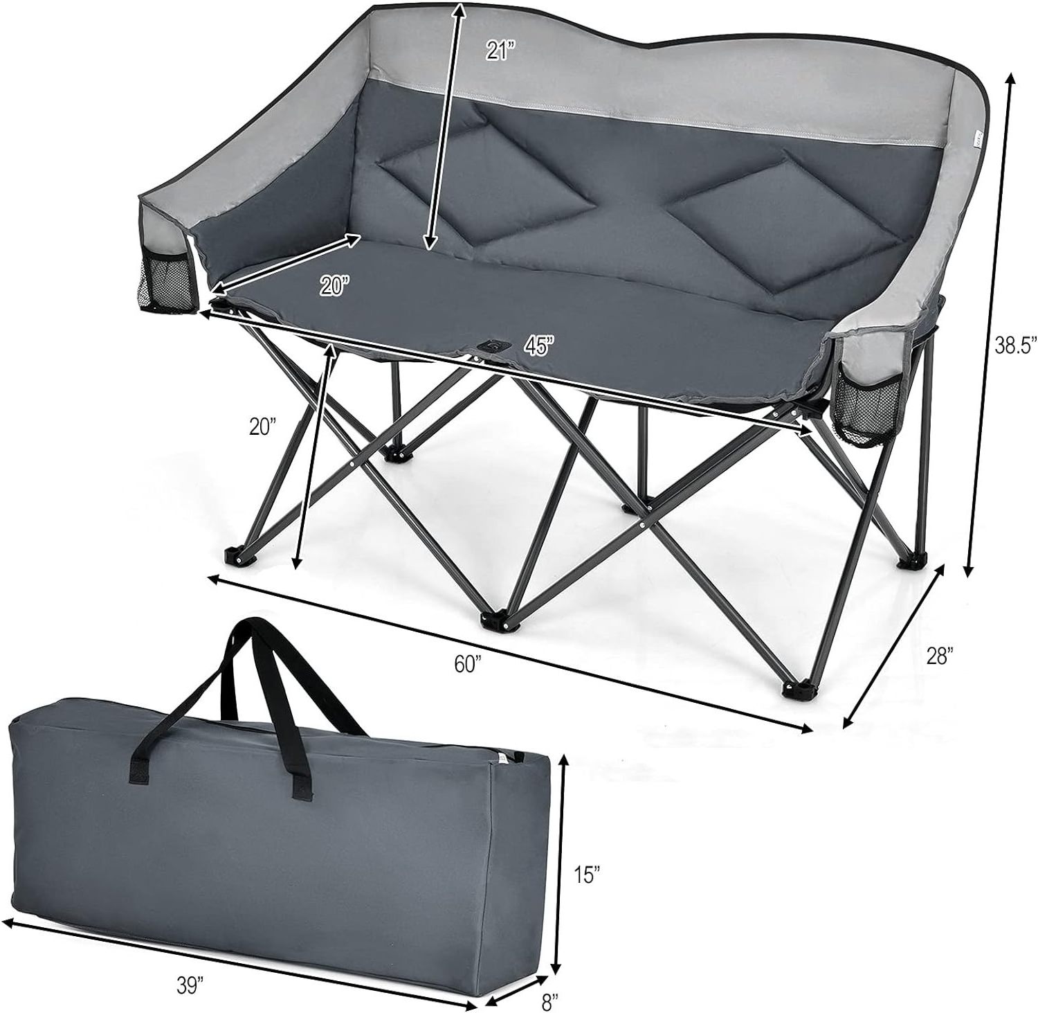 Loveseat Camping Chair, Double Foldable Chair for Adults Couples w/Storage Bags & Padded High Backrest,portable folding chair