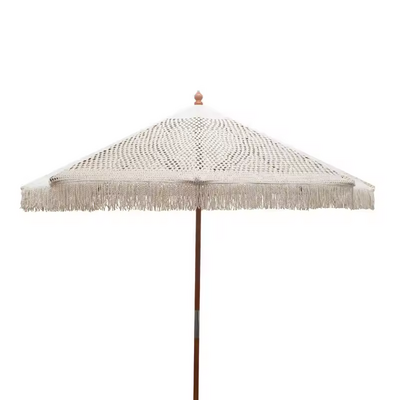 New Design Customized Shandmade Tassel Beach Umbrella Woven Canopy Parasols With Macrame Fringe Wooden Beach Umbrella