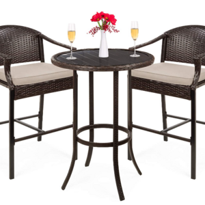 3 PCS Rattan Wicker Bar Set with Steel Bar Top Table and 2 Bar Stools for Outdoor Patio Poolside Garden Furniture