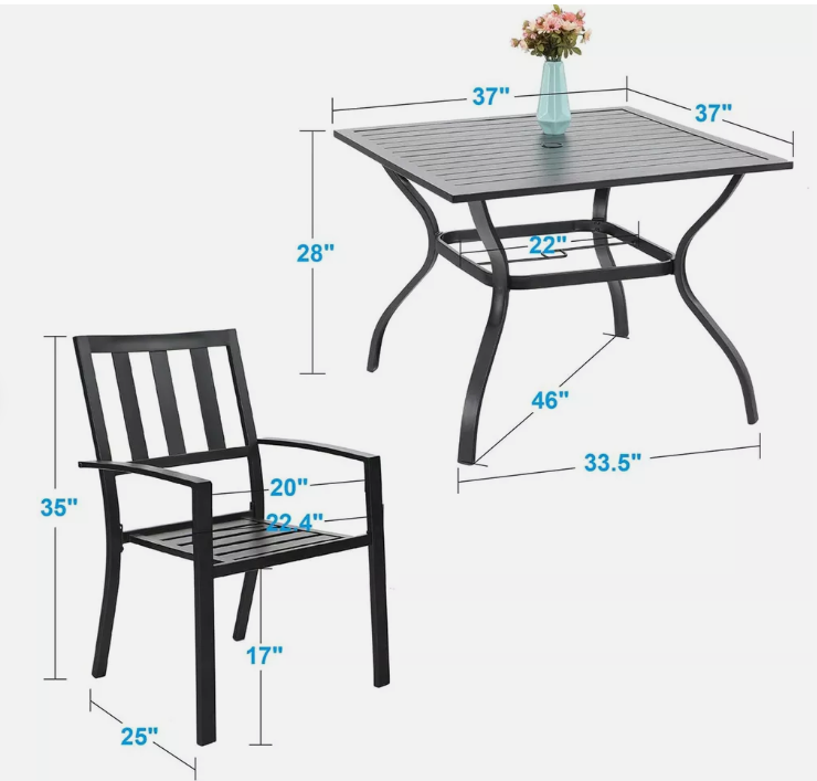 5 Piece Outdoor Patio Dining Set Black Metal Garden Furniture Set with 4 Stackable Chairs Dining Table With Umbrella Hole