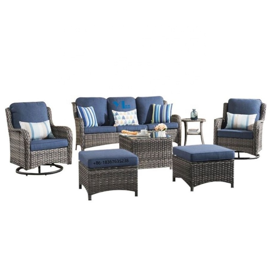 Modern Luxury Garden Outdoor Furniture PE Rattan Lounge Swivel Conversation Leisure Chair Sofa Set With Stools