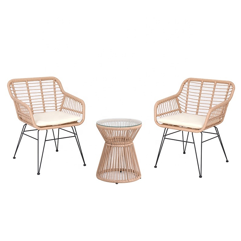 New Design outdoor bistro set chat set PE rattan/wicker chairs small patio set with cushions and side table