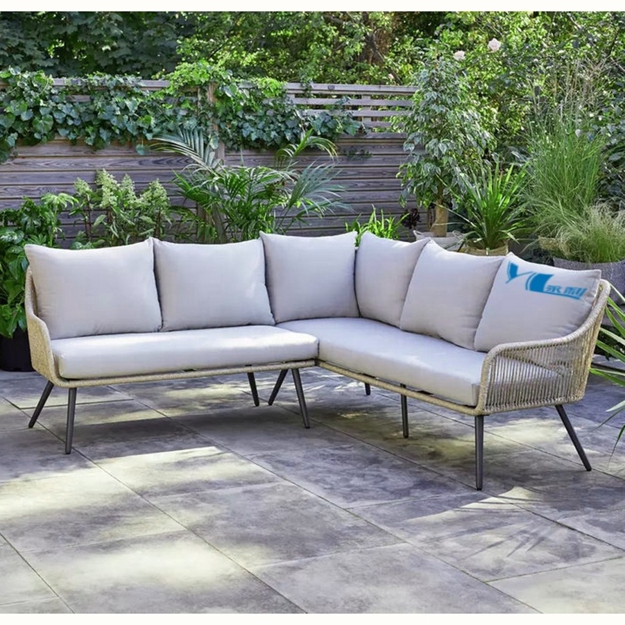 Popular nordic design garden furniture synthetic poly rattan sectional casual outdoor sofa set with dining glass table