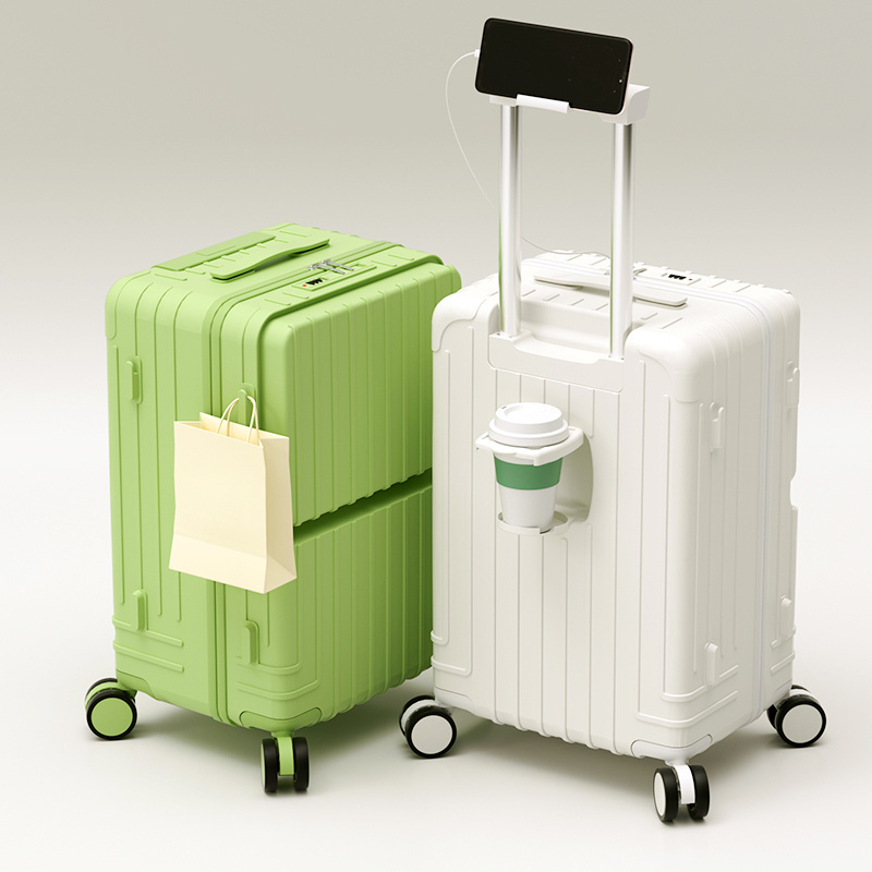 High Quality PU Luggage Trolley Box with Front Open Compartment Universal Spinner Wheel Unisex Luggage for Travel