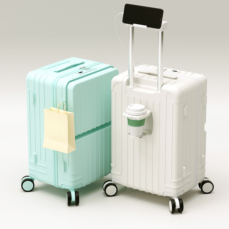 High Quality PU Luggage Trolley Box with Front Open Compartment Universal Spinner Wheel Unisex Luggage for Travel