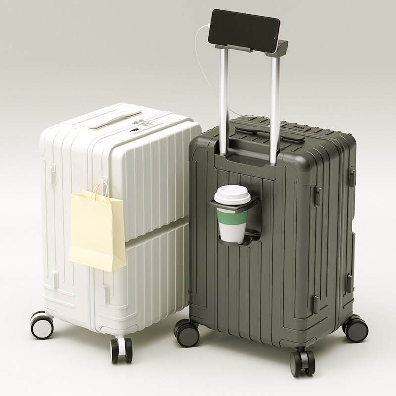 High Quality PU Luggage Trolley Box with Front Open Compartment Universal Spinner Wheel Unisex Luggage for Travel