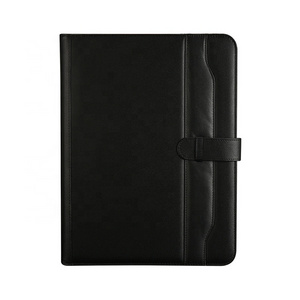 Customized Logo Black Pu Leather Zipper Closure Business A4 Padfolio Portfolio Folder Vintage Organizer Notebook Document Bag