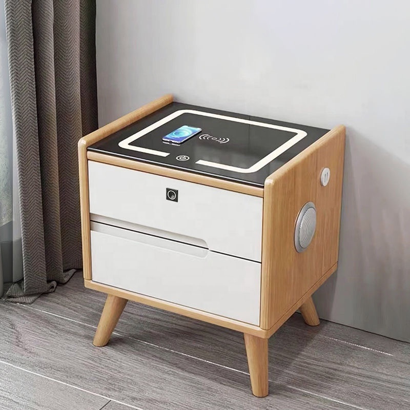 Smart Wooden Minimalist Bedside Table Nightstand with Wireless Charging Fingerprint Lock Function