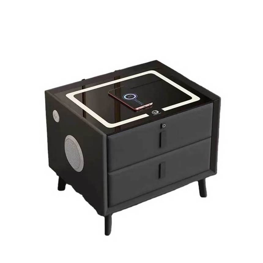 High-grade Multifunctional 2 Drawers Square Fingerprint Unlock Chargeable Night Stand With Speaker Smart Bedside Table