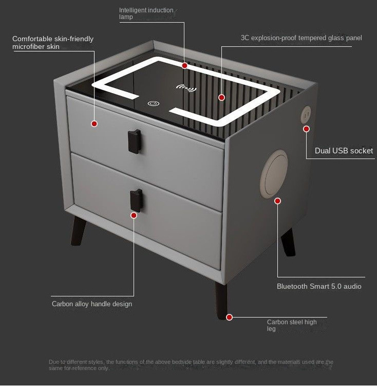 Multifunction Wood Nightstand High Quality 2 Drawers Wireless Charging Smart Bedside Table