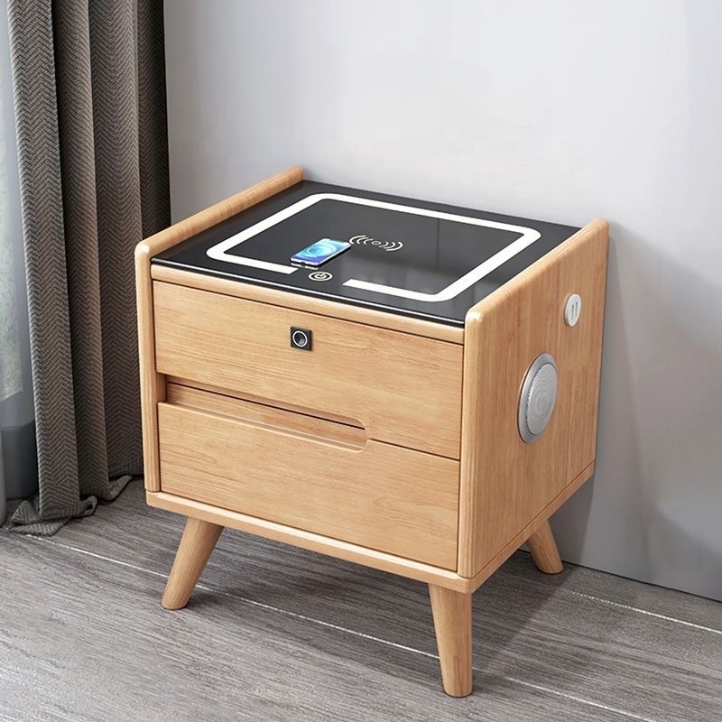 Smart Wooden Minimalist Bedside Table Nightstand with Wireless Charging Fingerprint Lock Function