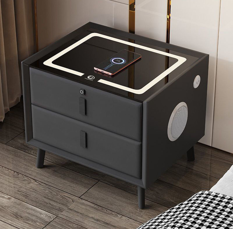 Multifunction Wood Nightstand High Quality 2 Drawers Wireless Charging Smart Bedside Table