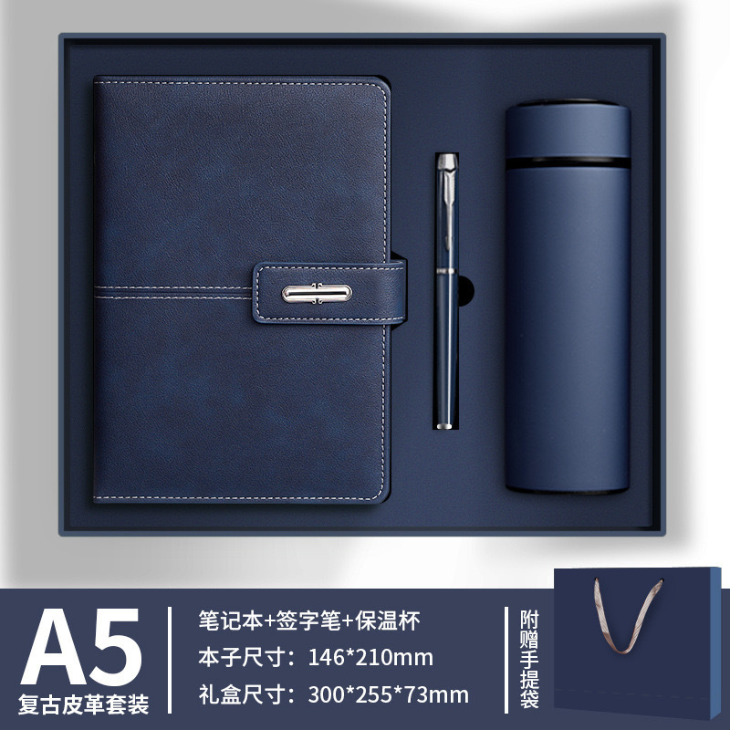 Customized Logo Stationery Notebook Gift Set Business Office Diary Black Blue Pu Leather A5 Journal With Pen Gift Box Package