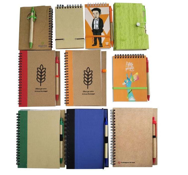 Double Metal Spiral ECO Book Coil Notebook With Pen Recyclable Elastic Band Notebooks Journal For Promotion Gift