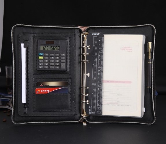 Custom Portable Zippered Ring Binder Leather Travellers Notebook With Pen Holder And Calculator