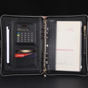 Custom Portable Zippered Ring Binder Leather Travellers Notebook With Pen Holder And Calculator