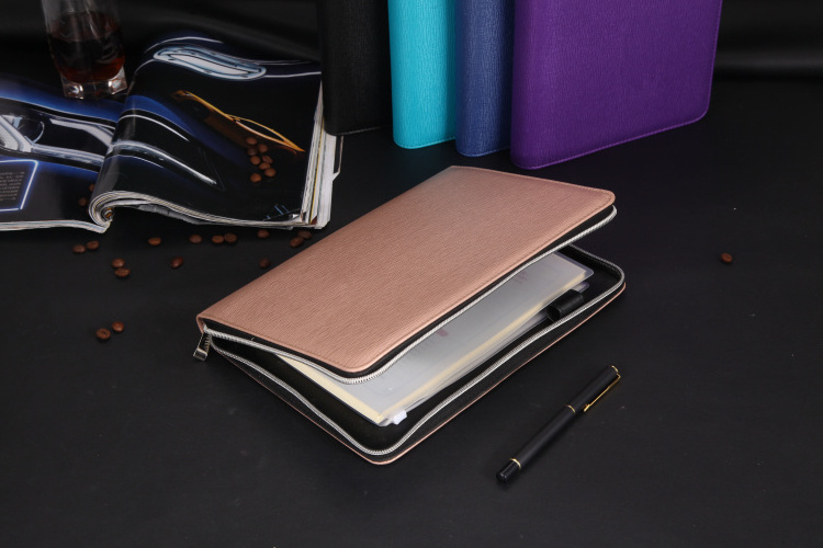 Custom Portable Zippered Ring Binder Leather Travellers Notebook With Pen Holder And Calculator