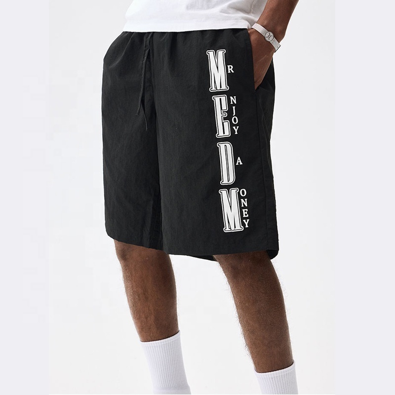 Fashion sportswear high quality screen printing black mens nylon shorts