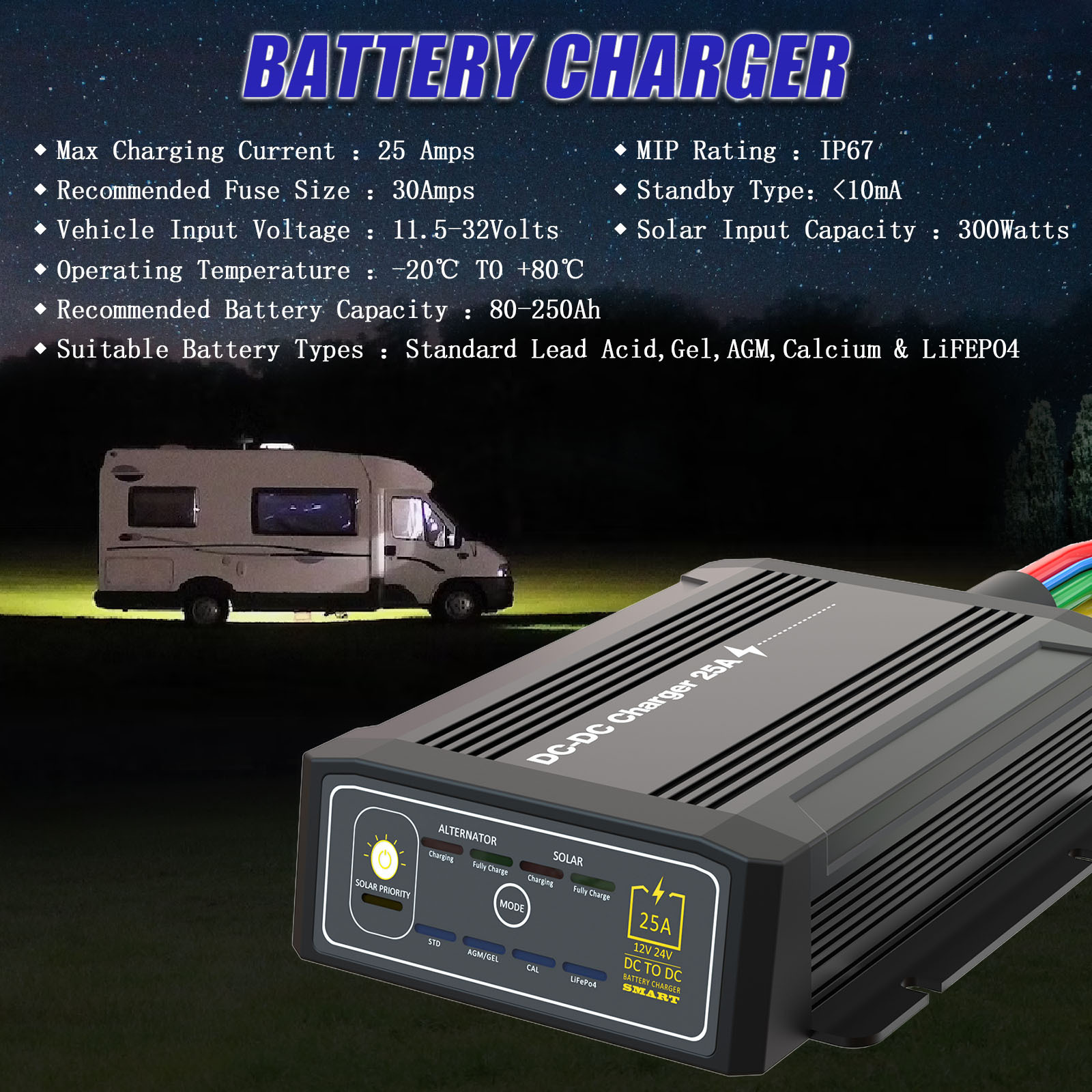 Input intelligent charger dc to dc  25A  lead acid solar car battery Charger with over Heat Protection