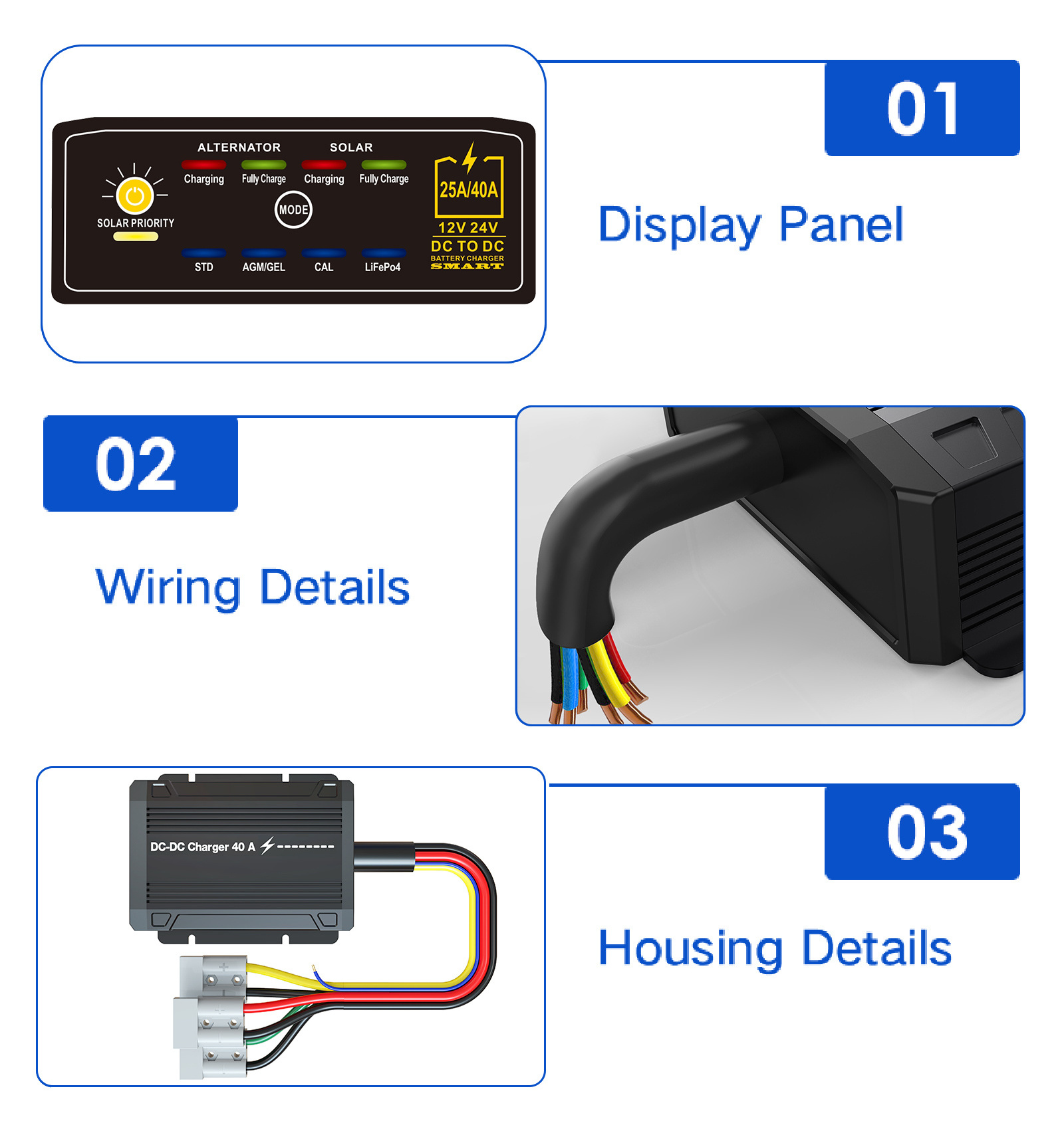 Multiple Protection 40A Dc to Dc Battery Charger for Lead Acid Gel Calcium Lithium Battery