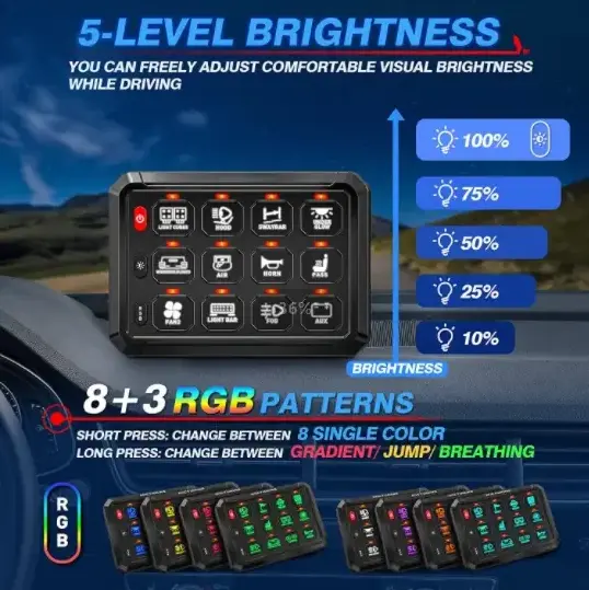 12 Gang Switch Panel Multifunction Auxiliary Switch Pod Touch Switch Panel 12V Momentary Strobe Circuit Control Box RGB