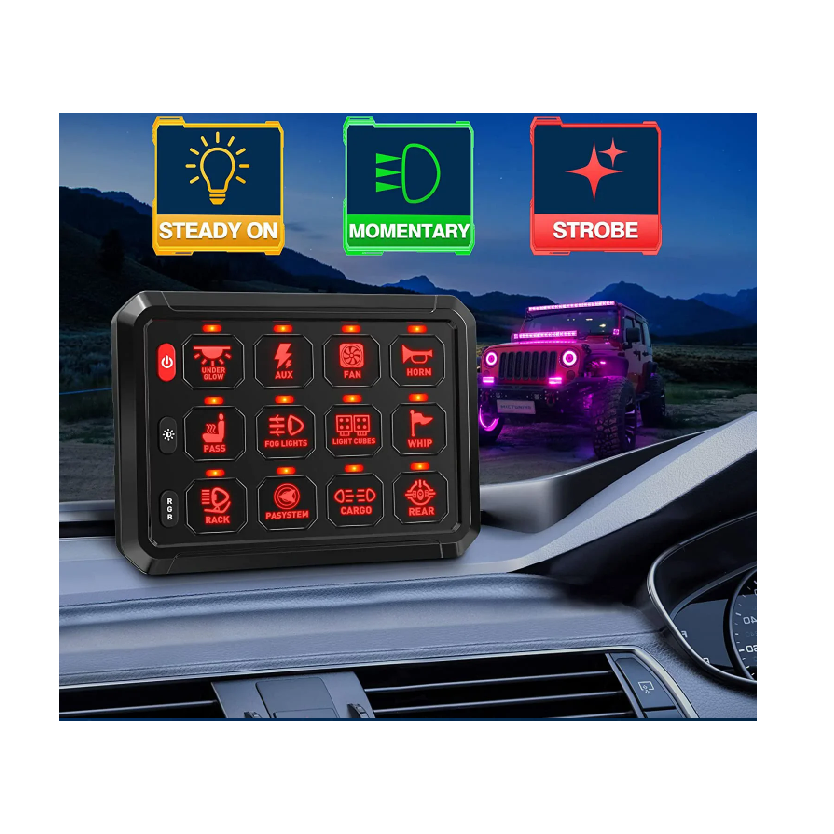 12 Gang Switch Panel Multifunction Switch Pod Control Up to 12 Different Auxiliary LED Lights Light Bar Fog Whip Fan Offroad