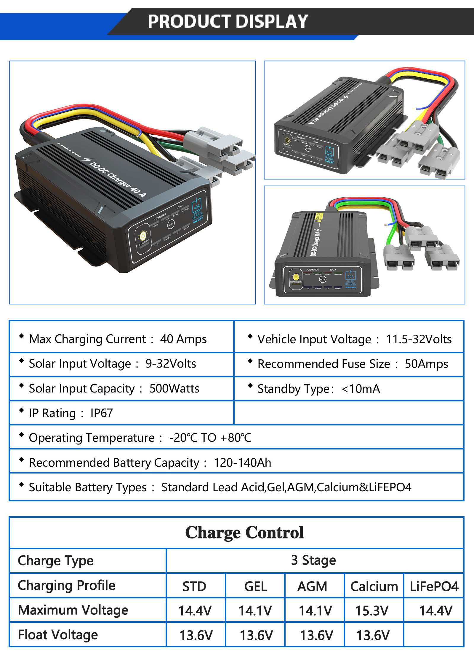 Multiple Protection 40A Dc to Dc Battery Charger for Lead Acid Gel Calcium Lithium Battery