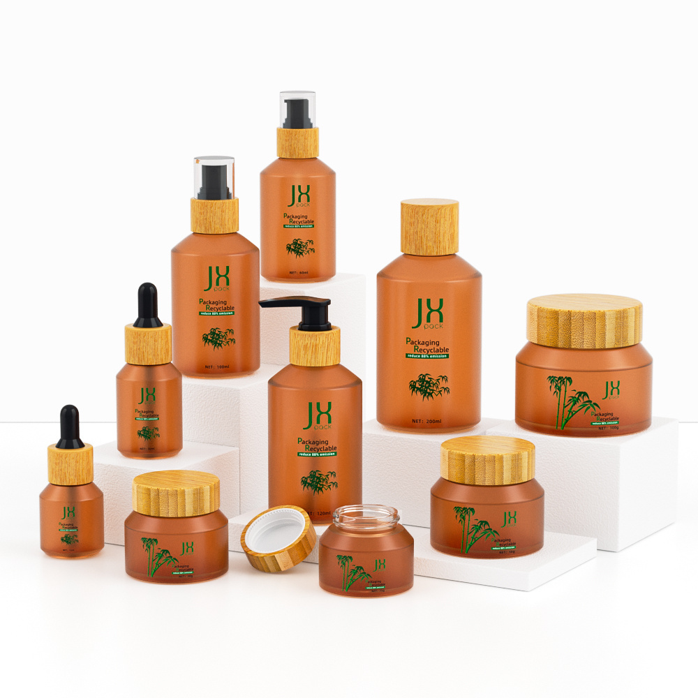 Wholesale eco friendly wooden bamboo cap cosmetic packaging amber empty cosmetic glass lotion pump bottle and cream jar