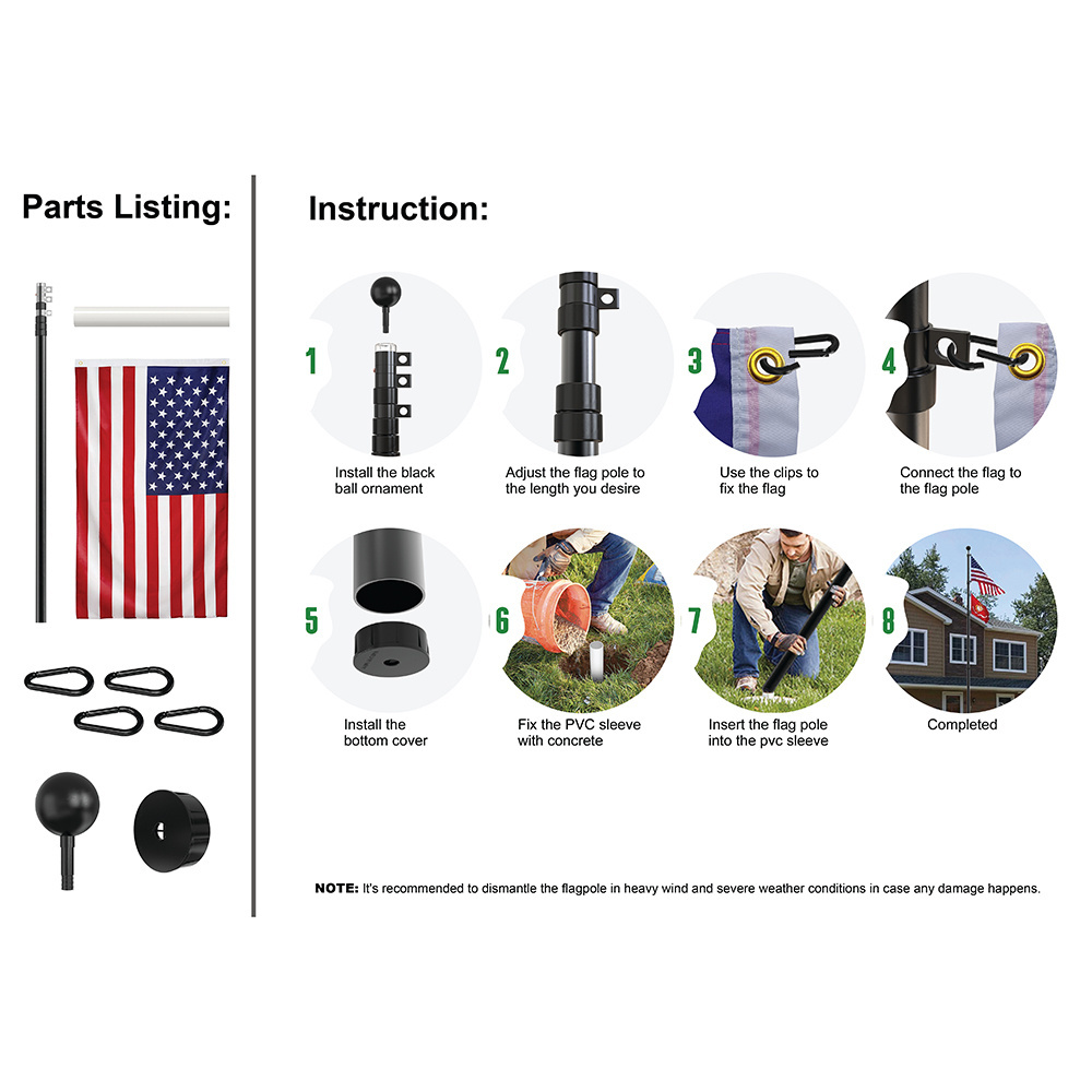 CYDISPLAY Indonesia 4.8m 16ft aluminum flagpole kit retractable telescoping flagpole black flag pole for residential