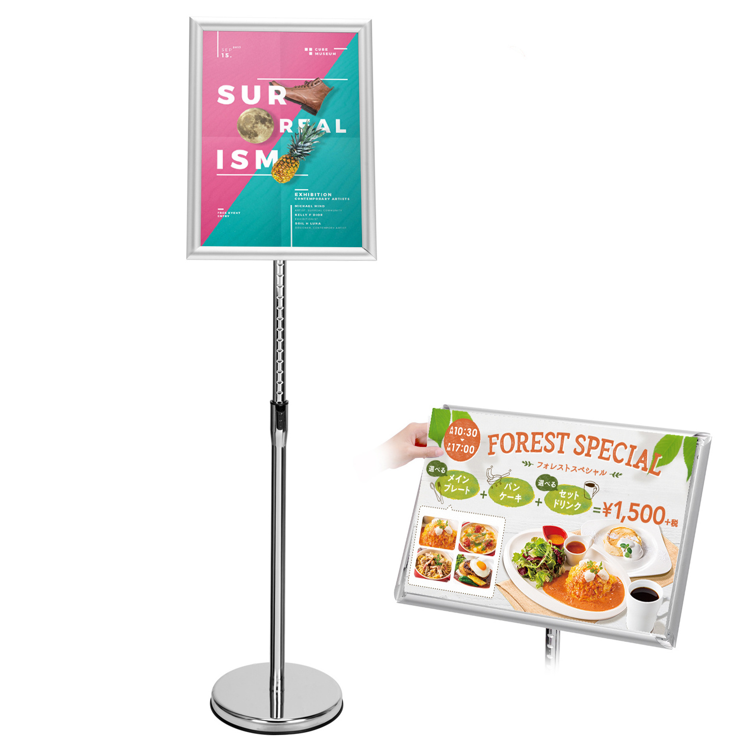 CYDISPLAY A4 Silver Aluminium Poster Stand portable Pedestal Retractable Frame Heavy Duty poster display rack snap frame stand