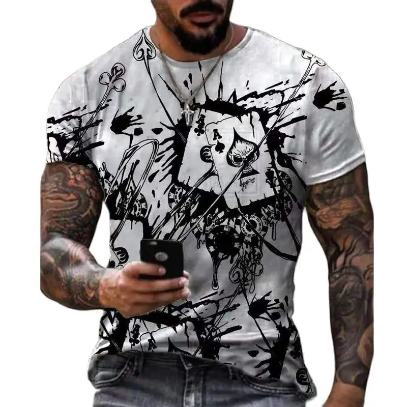 JX Summer Poker Printed T Shirts For Men Polyester Loose Short Sleeve Male Tops Streetwear Men Clothing Casual Tees European