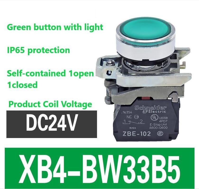 XB4BW33B5  22mm Flat Reset LED 24V 1NO 1NC Green Switch with light push button